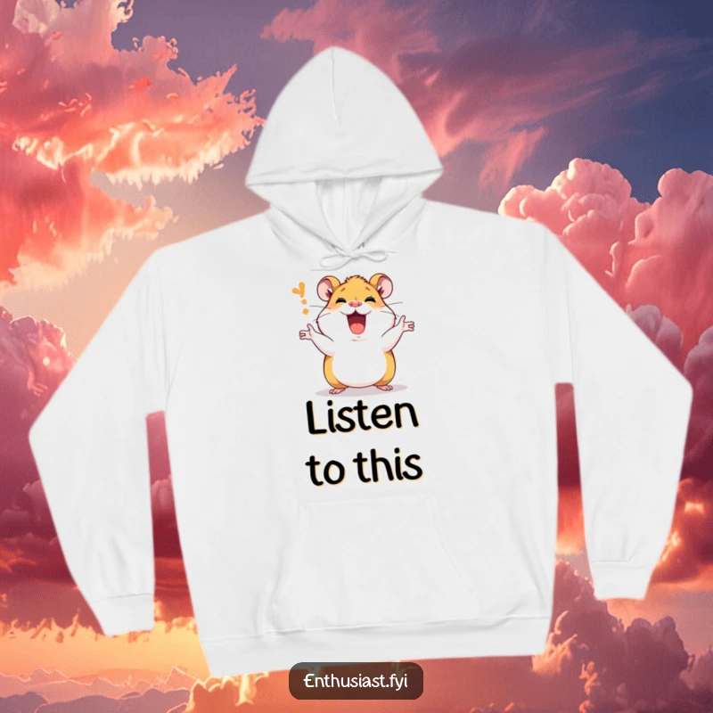 Funny Hoodie featuring a passionate hamster character enthusiastically explaining with animated gestures, perfect for cozy discussions.