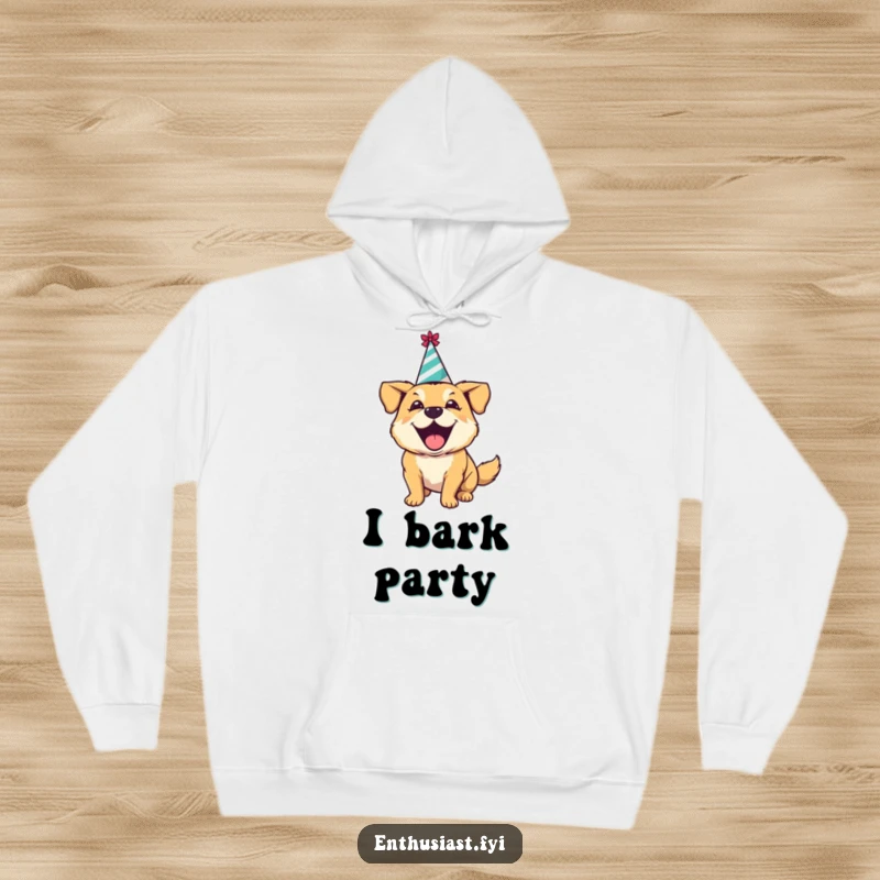 Funny hoodie showcasing an excited dog in a party hat, happily barking, offering warmth and festive humor.