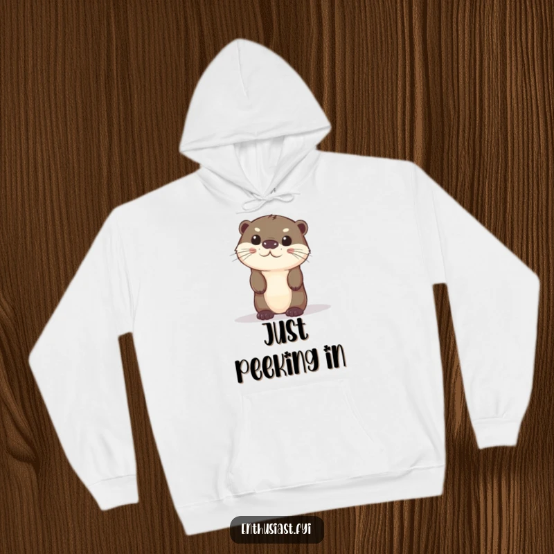 Funny otter hoodie with a cute character peeking curiously from behind a large object. Comical.