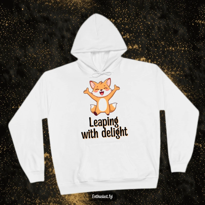 Funny Hoodie: An enthusiastic fox character jumping for joy with arms outstretched, providing comforting energy and cheerful vibes.