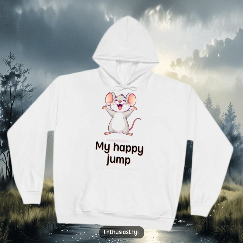 Funny mouse hoodie showing a delighted and energetic character jumping around with excitement. Comical.