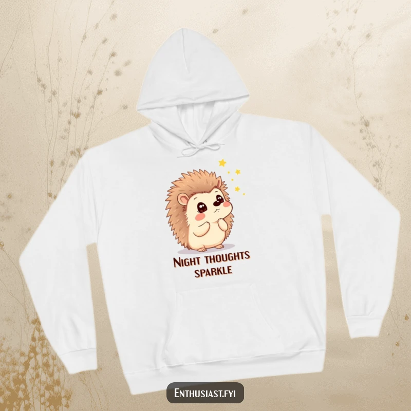 Funny hoodie featuring a thoughtful hedgehog with a look of wonder, watching enchanting fireflies, perfect for cozy evenings.