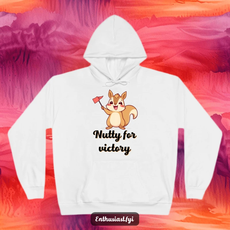 Funny hoodie depicting an excited squirrel energetically waving a flag, perfect for staying cozy and cheerful.