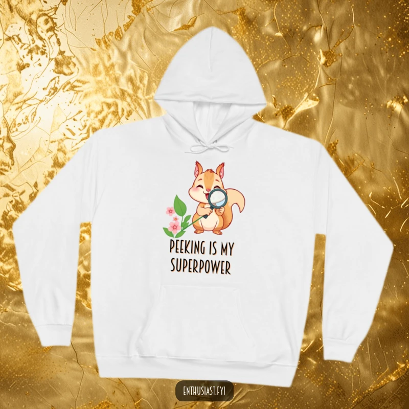 Funny squirrel hoodie, magnifying glass focused on a flower, conveying a sense of wonder and humor.