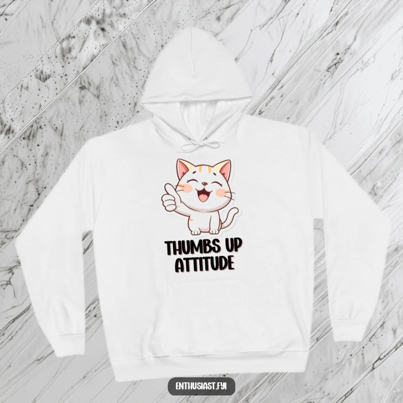 Funny hoodie showcasing a happy cat giving a big thumbs-up, offering comfort and stylish, humorous approval.