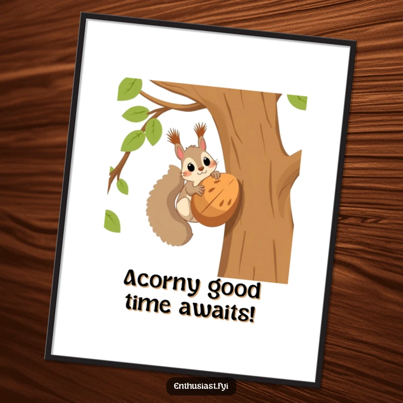 Funny Free Printable Wall Art: A curious squirrel perched high in a tree, eyes wide with excitement for a gigantic nut.