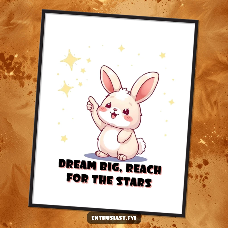Funny free printable wall art showing a fluffy bunny pointing with excitement at a vast, star-filled sky, inspiring dreams and wonder.