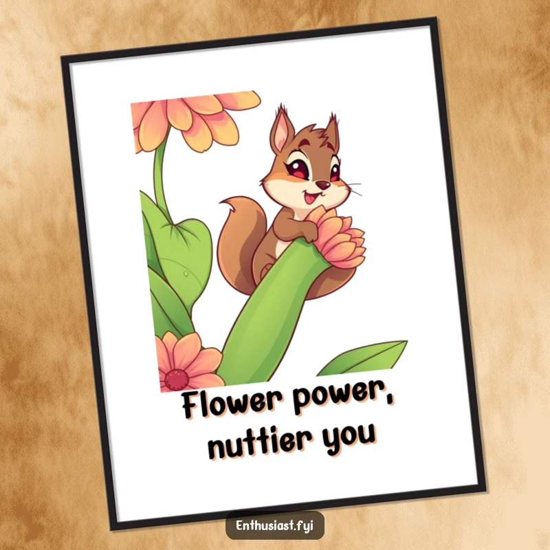 Funny Free Printable Wall Art: A spirited squirrel with determined look climbs a gigantic, vibrant flower stem, creating motivational art.
