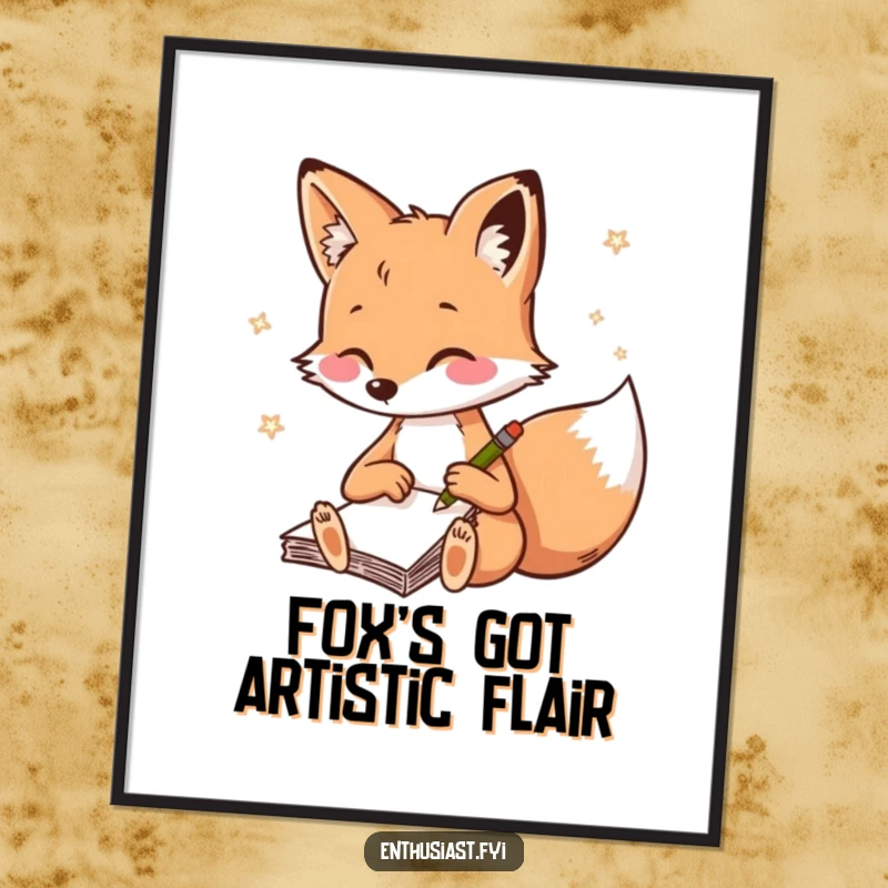 Funny Free Printable Wall Art: Playful fox with a notebook rapidly sketching, adding artistic flair.