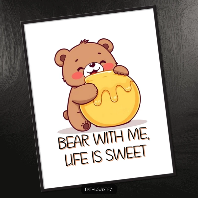 Funny free printable wall art of a cheerful bear enthusiastically hugging a large honey pot, bringing cozy charm.