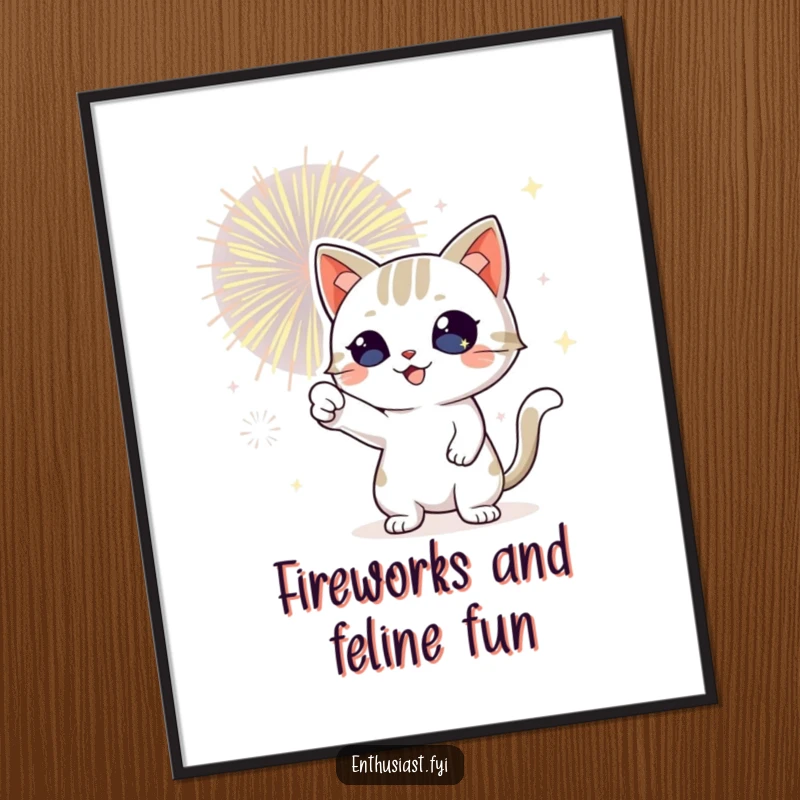 Funny Free Printable Wall Art: Cat with sparkling eyes enthusiastically points at a spectacular bursting fireworks display.