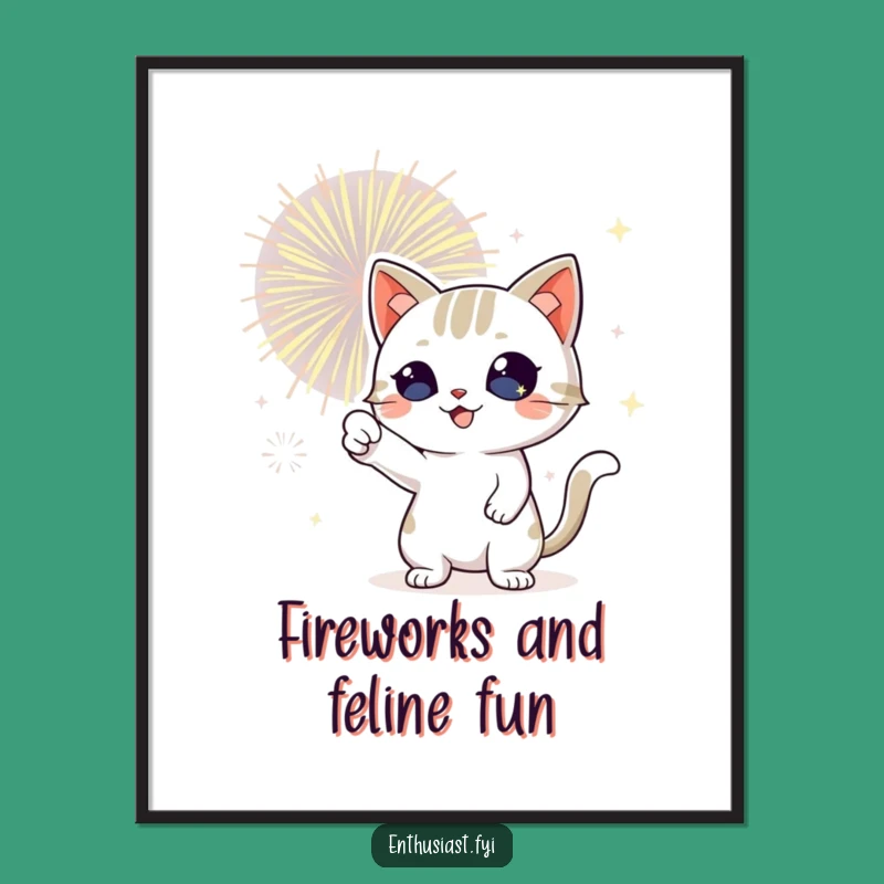 Free Printable Cat Wall Art: Funny Fireworks Cat, Whimsical Night Sky Downloadable Art
