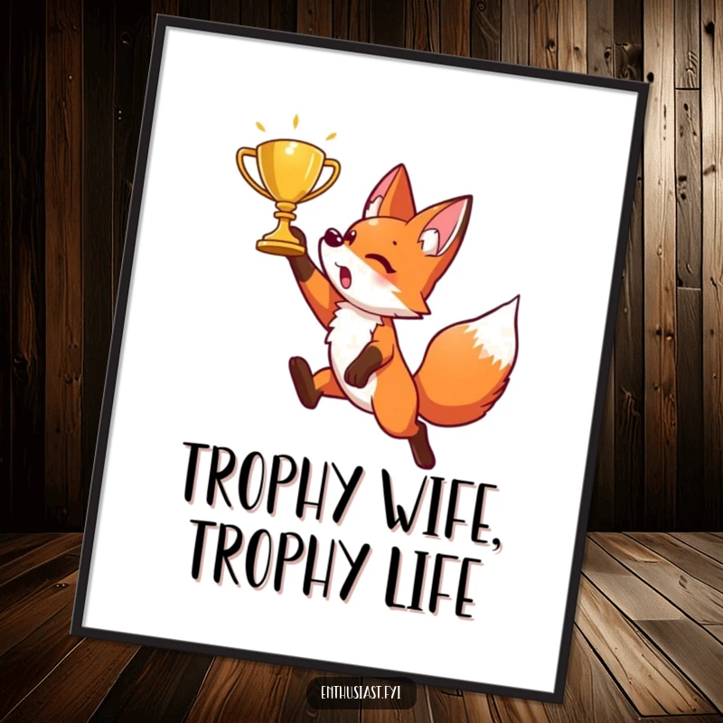 Funny Free Printable Fox Wall Art: An agile fox in mid-air, reaching for a sparkling golden trophy, exuding victory and playful spirit.