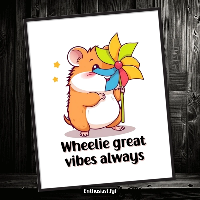 Funny Free Printable Wall Art of an energetic hamster enthusiastically spinning a bright pinwheel, full of life.