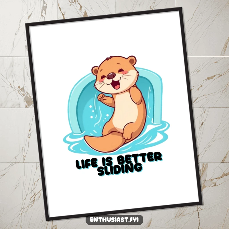 Funny free printable wall art of a playful otter enthusiastically sliding down a water slide, bringing aquatic fun.
