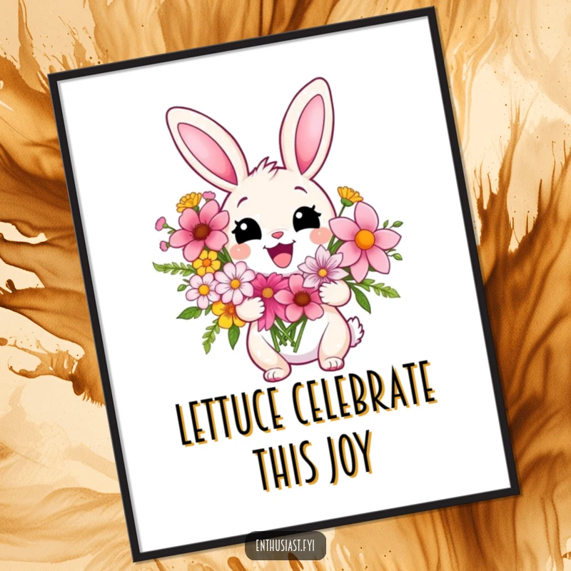 Funny Free Printable Wall Art: A delighted rabbit is extremely pleased holding a large, vibrant bouquet of flowers.