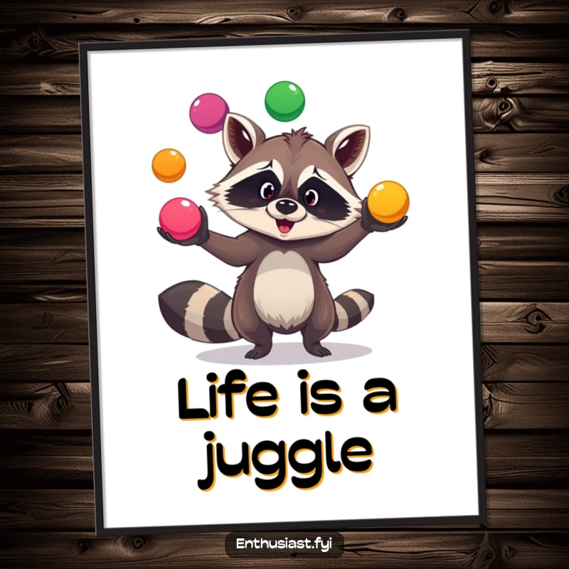 Funny Free Printable Wall Art of a goofy raccoon in action, skillfully juggling three brightly colored balls with a cheeky look.