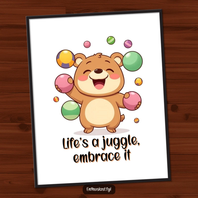 Funny Free Printable Wall Art depicting a joyous bear character juggling colorful balls with a big grin, DIY decor.