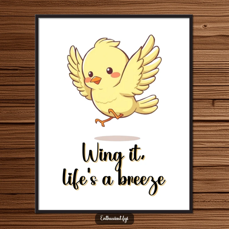 Funny Free Printable Wall Art: Lively bird character caught mid-flight, energetically flapping wings with pure joy.