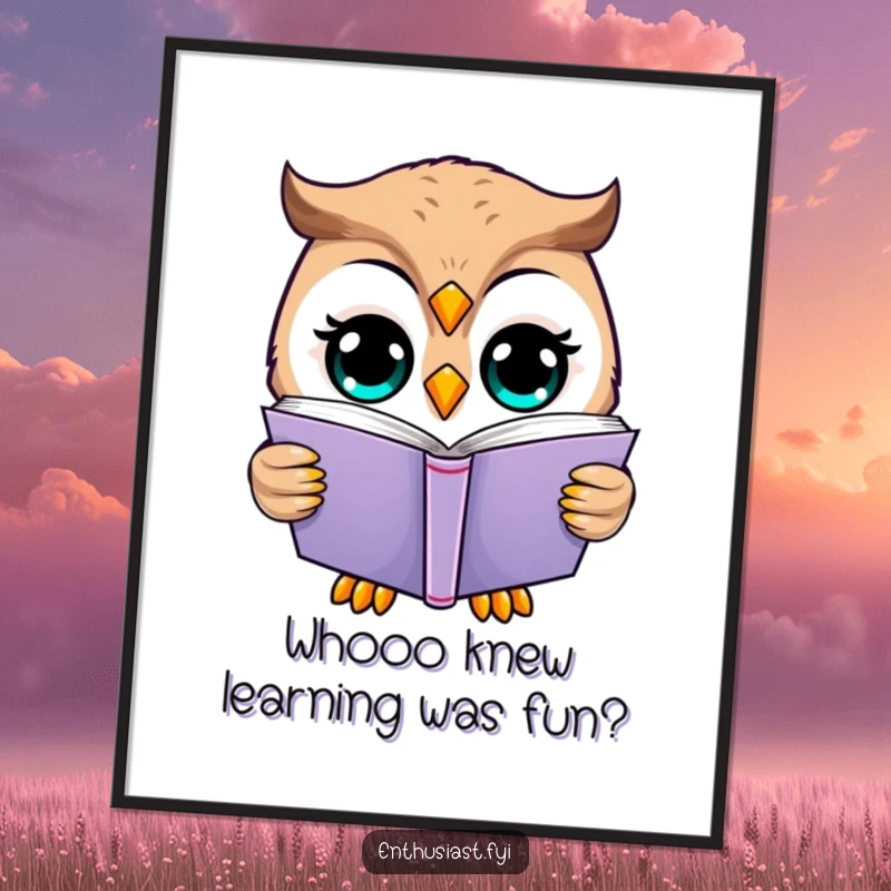 Funny Free Printable Wall Art: A happy owl with wide eyes, completely engrossed in reading a thick book, bringing wisdom and humor.