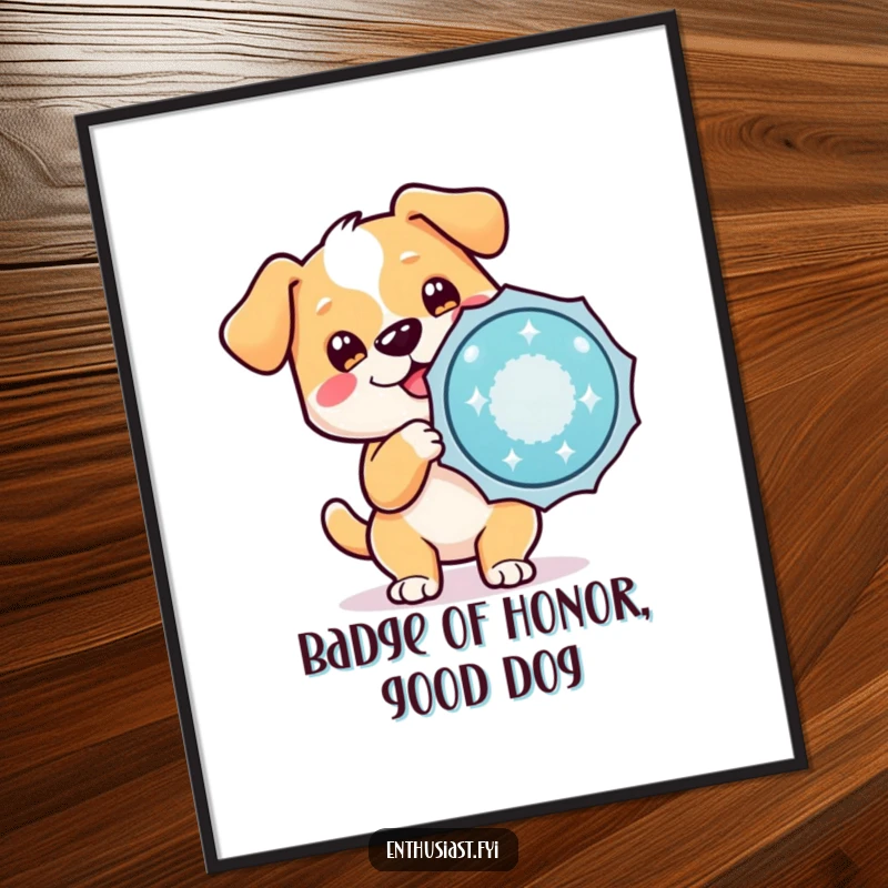 Funny Free Printable Wall Art of a happy dog wagging its tail and holding a giant sparkling badge.