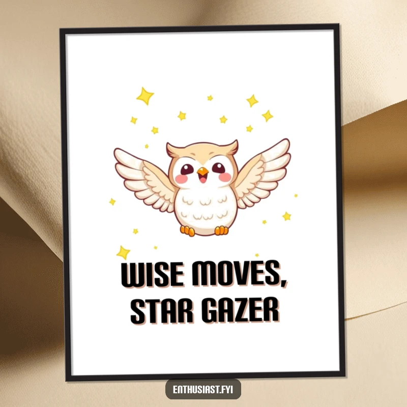 Funny Free Printable Wall Art of a joyful owl with outstretched wings flying through a beautiful starry night sky.