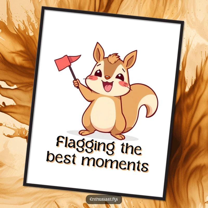 Funny Free Printable Wall Art: An energetic squirrel enthusiastically waves a small, colorful flag with pure excitement.
