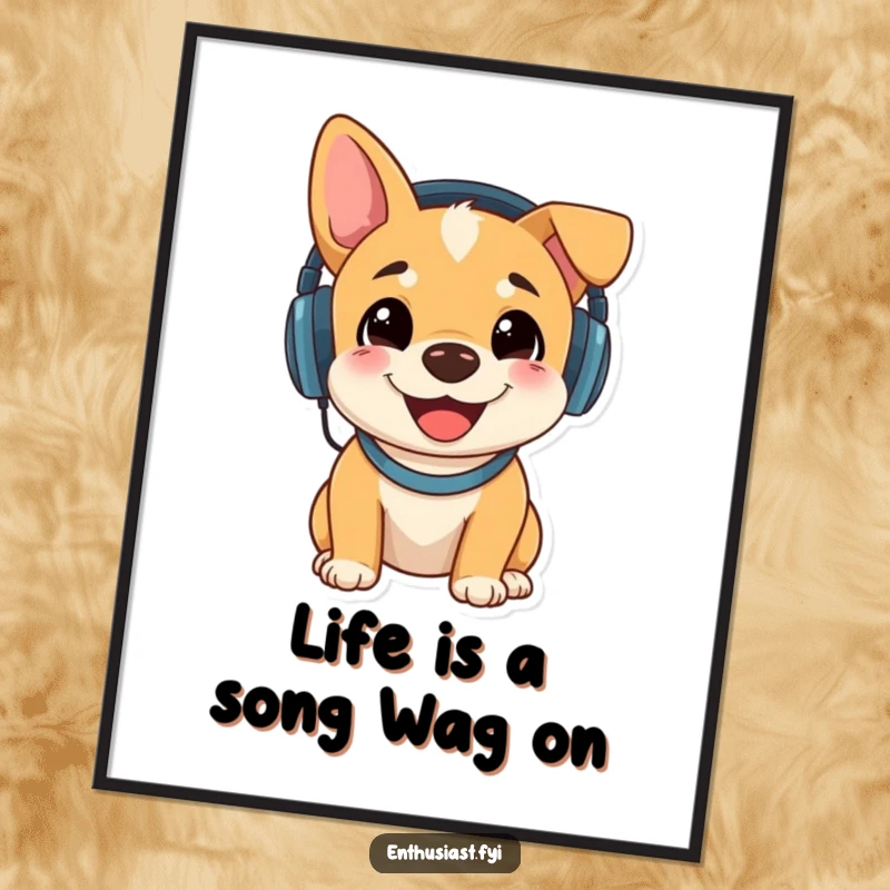 Funny Free Printable Wall Art: Happy dog wearing headphones, completely absorbed in listening to loud, exciting music.