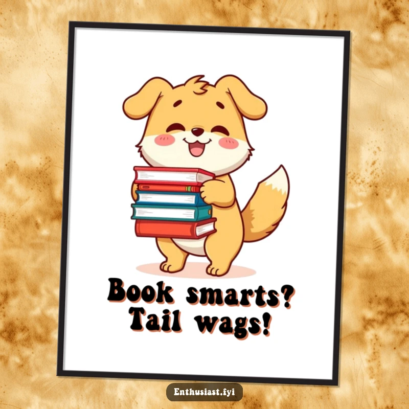 Funny Free Printable Wall Art: Happy dog with wagging tail holding many books, cozy downloadable decor.