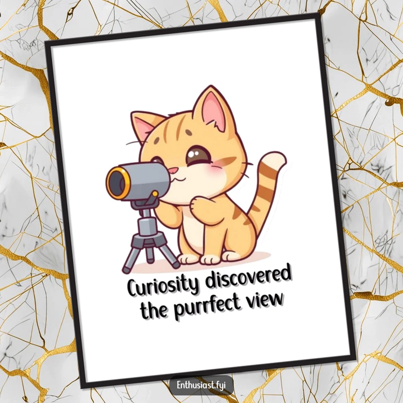 Funny Free Printable Wall Art: A curious cat character peering intently through a telescope, exploring the unknown.