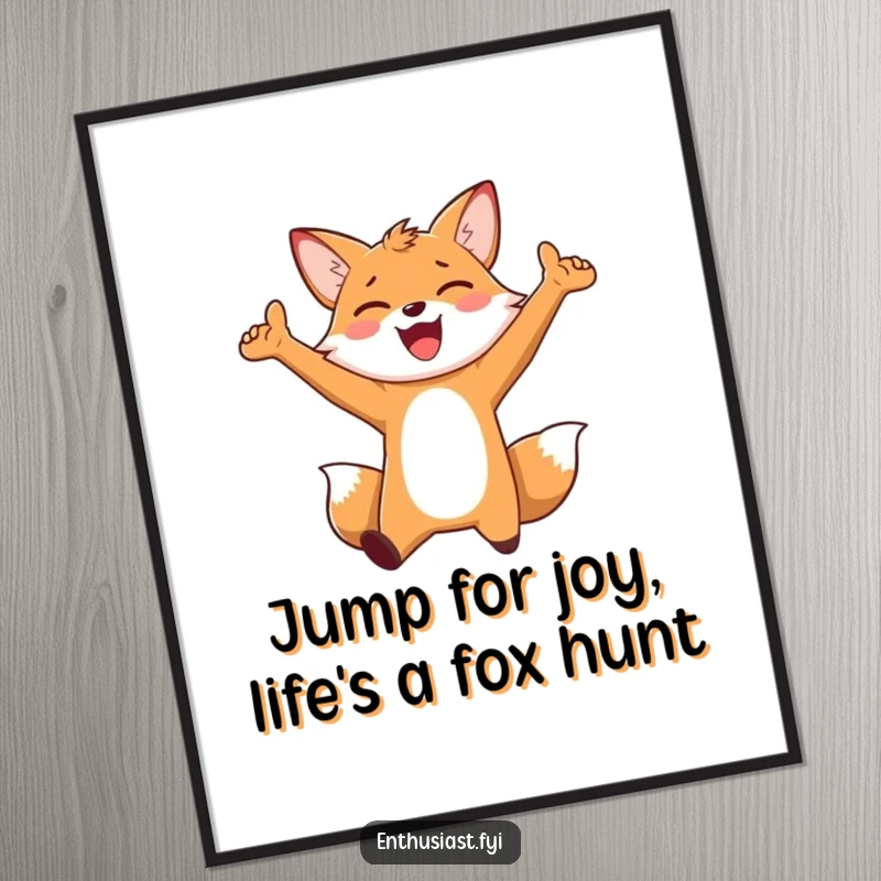 Funny Free Printable Wall Art depicting an enthusiastic fox character jumping for joy with arms outstretched, radiating pure happiness.