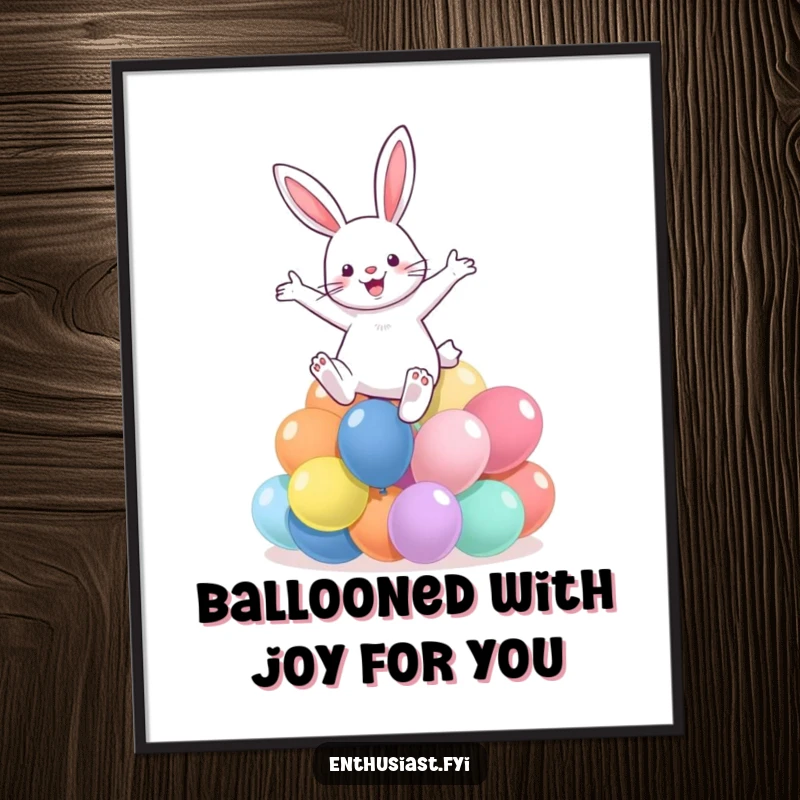 Funny Free Printable Wall Art: A dynamic rabbit energetically leaps high over a festive pile of colorful balloons.