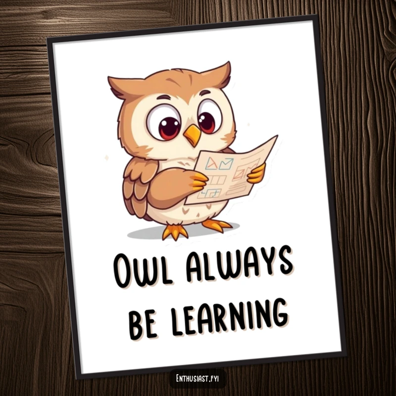 Funny Free Printable Wall Art of an eager owl character studying a complex diagram with wide, studious eyes, DIY decor.