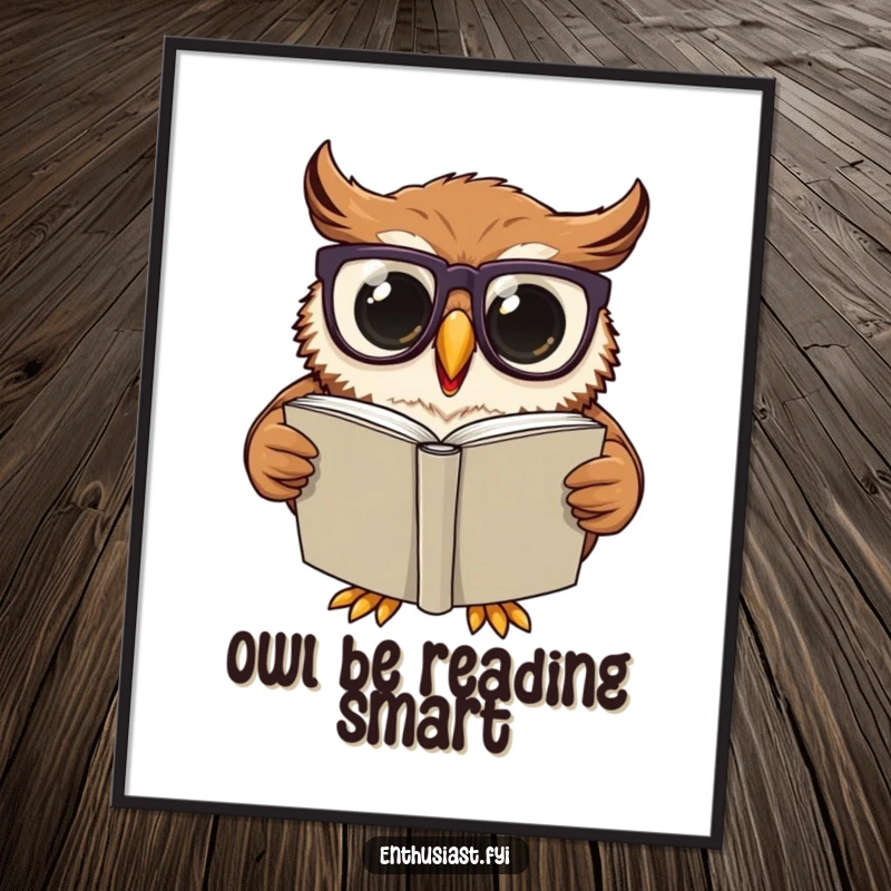 Funny Free Printable Wall Art: An excited owl wearing oversized glasses, deeply engrossed in reading a large, captivating book.