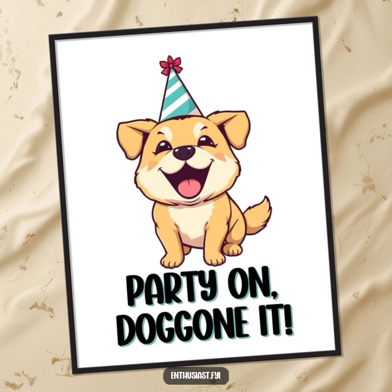 Funny free printable wall art: an excited dog in a party hat barking happily, embodying pure celebration.