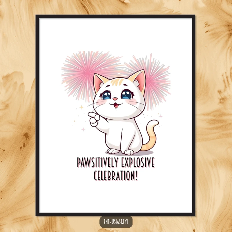 Funny Free Printable Wall Art: A playful cat with sparkling eyes pointing excitedly at a bursting fireworks display.