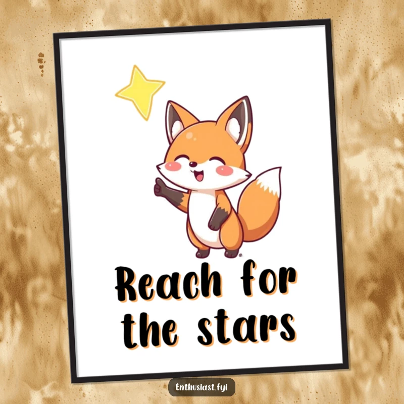 Funny free printable wall art of a happy fox enthusiastically gesturing towards a shining star, bringing whimsical charm.