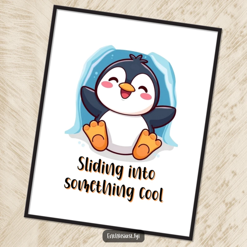 Funny Free Printable Wall Art featuring a grinning penguin joyfully sliding down a rainbow-colored ice chute.