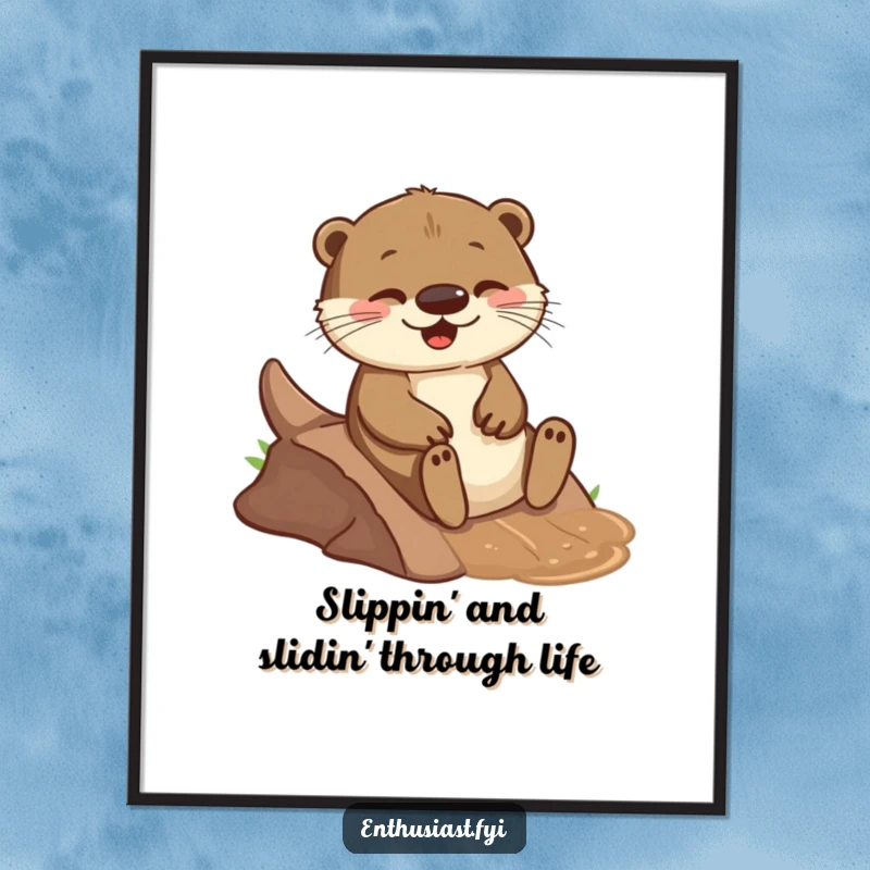 Funny Free Printable Wall Art depicts a playful otter joyfully sliding down a small, muddy incline with pure delight.