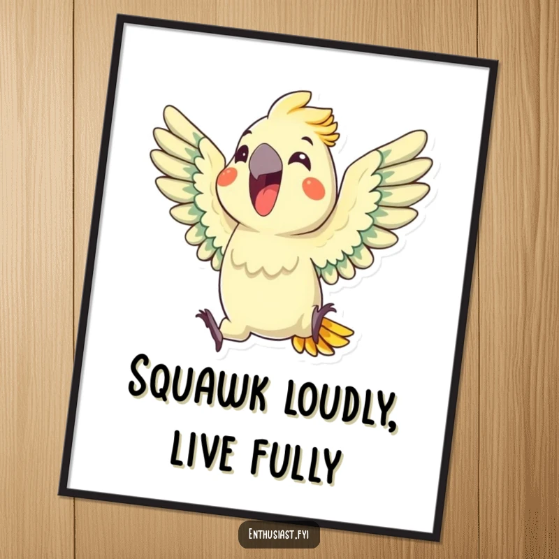 Funny free printable wall art of a delighted parrot squawking with colorful wings outstretched, adding tropical flair.
