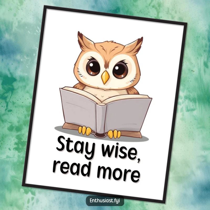 Funny Free Printable Wall Art of a scholarly owl wearing glasses, deeply focused on reading a large, open book.