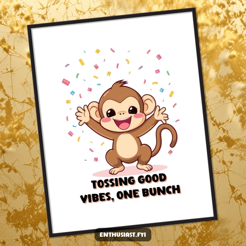 Funny Free Printable Wall Art: A cheerful monkey character enthusiastically throwing colorful confetti, adding a festive vibe.