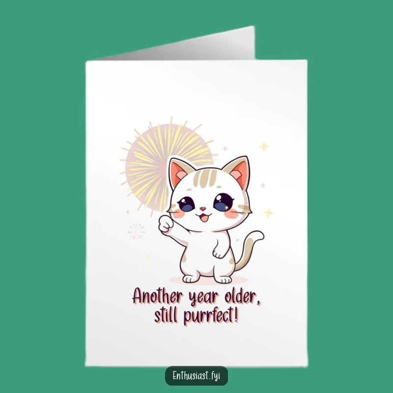 Free Printable Cat Birthday Card: Funny Fireworks Fan Cat Greeting Downloadable Gift