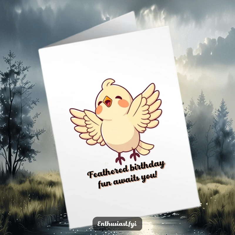 Funny Free Printable Birthday Card: Delighted bird with wings spread wide, joyfully swooping towards a dazzling shiny object.