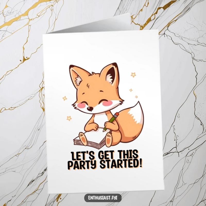 Funny Free Printable Birthday Card: Playful fox with a notebook rapidly sketching, celebrating creativity.