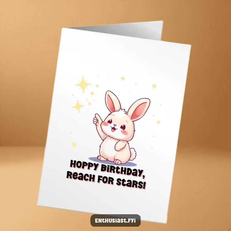 Funny free printable birthday card showing a fluffy bunny excitedly pointing upwards at a vast, star-filled sky, inspiring wonder and dreams.