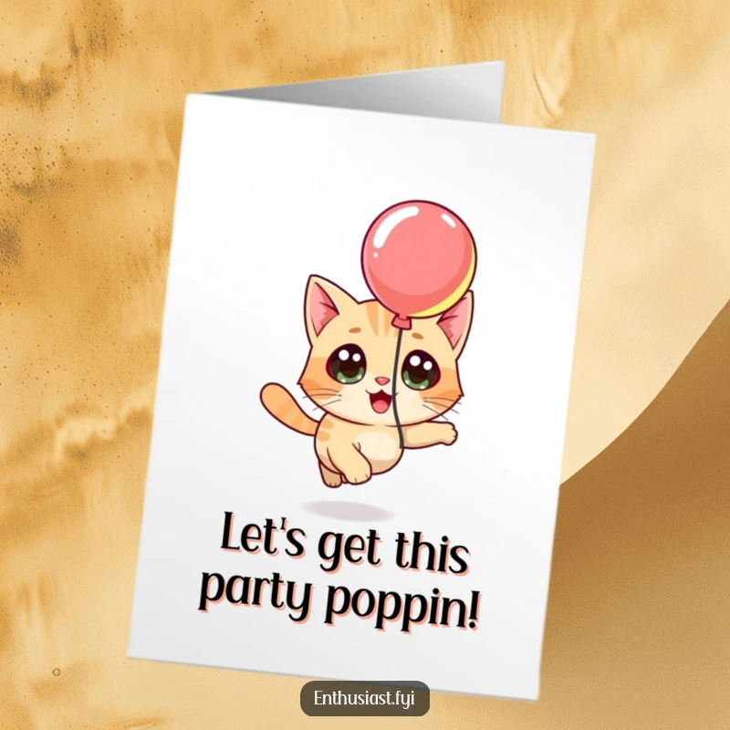 Funny Free Printable Birthday Card: A curious cat gleefully chasing a colorful floating balloon.