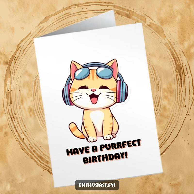 Funny Free Printable Birthday Card: A cheerful cat in oversized headphones enthusiastically bobs its head to music.