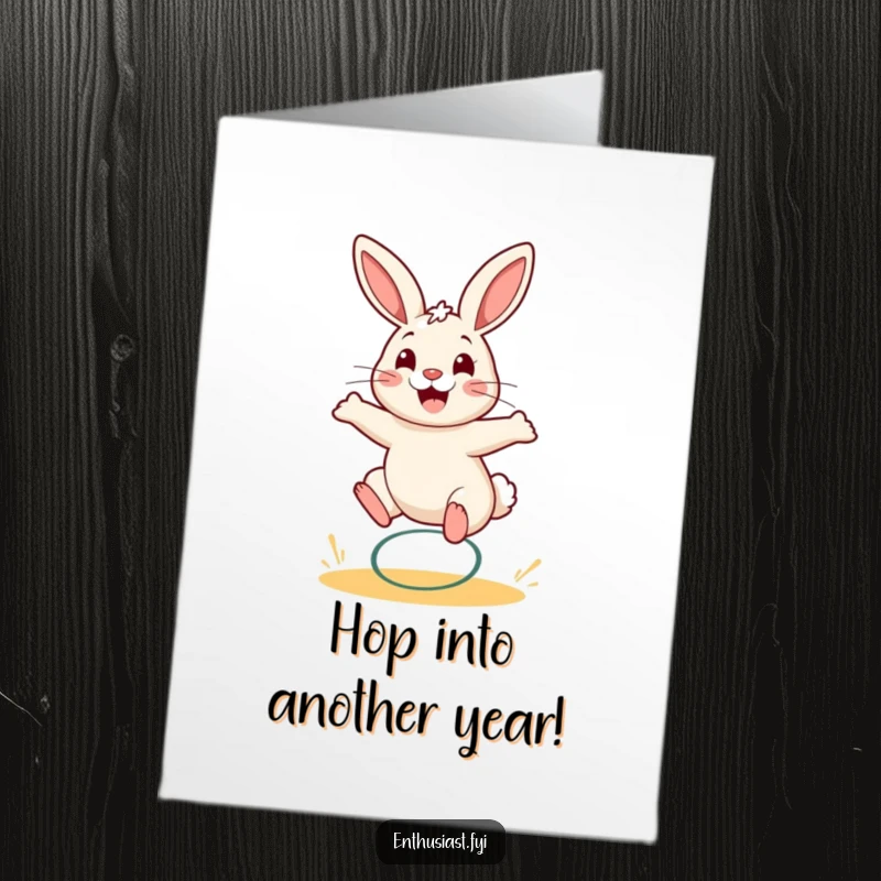 Funny Free Printable Birthday Card: Cheerful rabbit joyfully bouncing on a spring, wide smile, perfect for a downloadable gift.