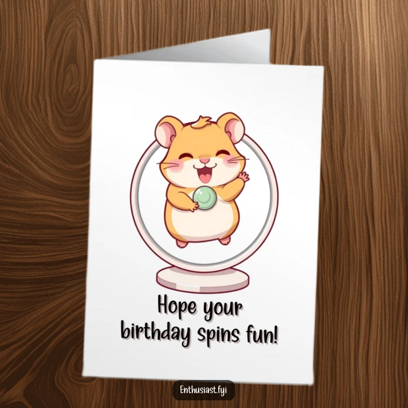 Funny Free Printable Birthday Card shows a giggling hamster excitedly running at top speed on a spinning wheel.